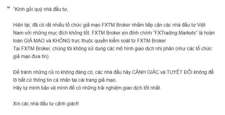 Thư cảnh báo FXTM gửi đến các nhà đầu tư - Review sàn FX Trading Market